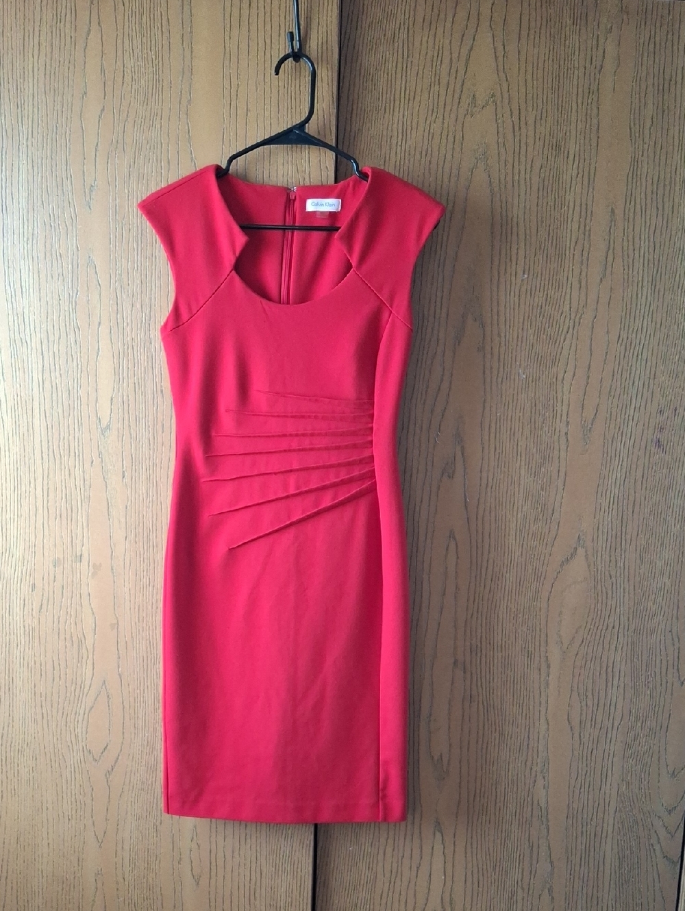 Calvin Klein Red Cap-Sleeve Sheath Dress with Asymmetrical Pleats